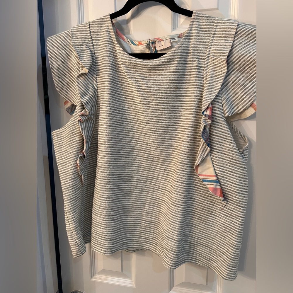 Anthropologie Top Women Sz XL Grey Striped Pullover Ruffled Sleeveless